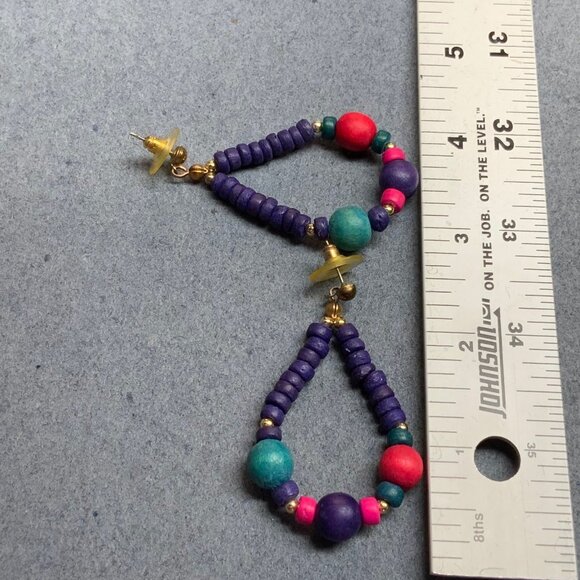 Teardrop Dangle Pierced Earrings 2.5 In Multicolor Beaded Hoop Purple Blue Red - Picture 5 of 5